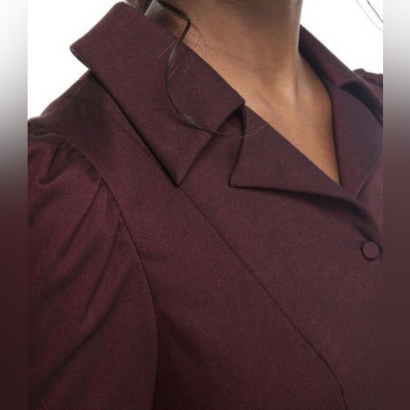 Gal Meets Glam ♡ Burgundy Nina Twill Short Sleeve Button Down Fit & Flare Dress - Picture 5 of 6